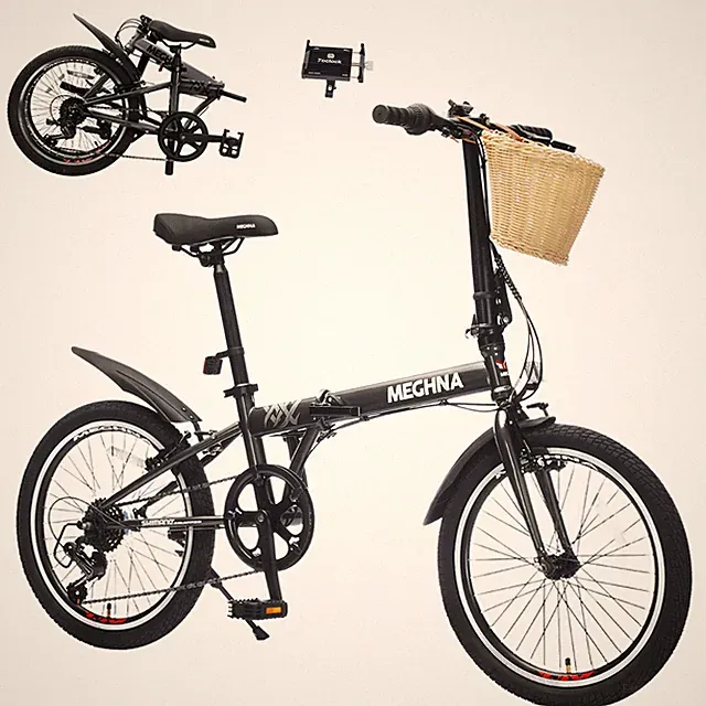 20" Folding Bike for Adults with Basket Phone Holder & Fenders Steel Frame Black