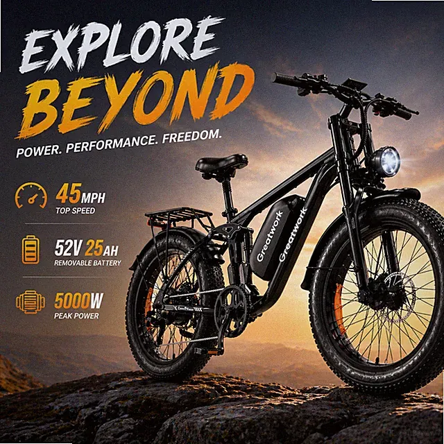 5000W DUAL MOTOR Electric Bike for Adults 26" AWD 45MPH Mountain E-Bike 52V 25Ah