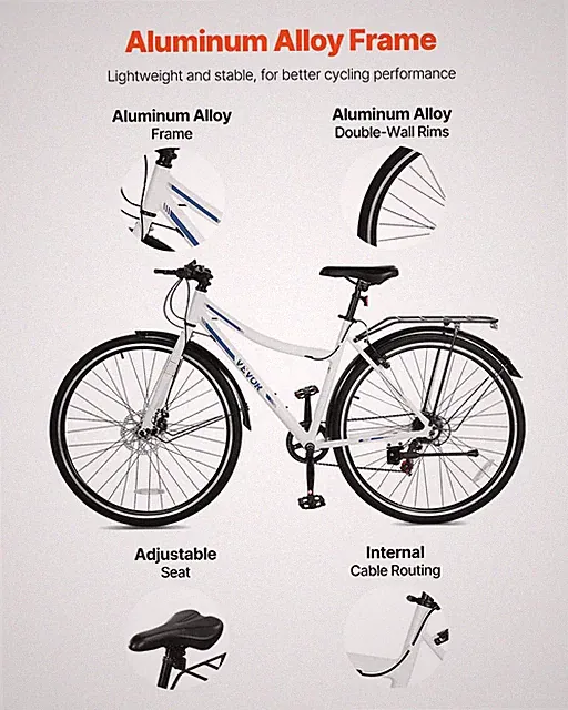 Hybrid Bike, Lightweight Aluminum Frame Bike, Adjustable Seat 033