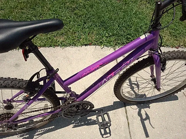 Used purple bike in good condition with new treads, adult bike that rides good.
